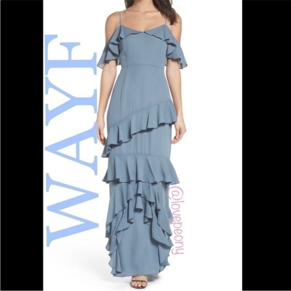 ANTHROPOLOGIE WAYF TIERED RUFFLE OFF SHOULDER DUSTY BLUE MAXI GOWN SIZE XS NWT - Picture 1 of 11